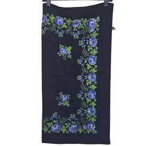 Virgin Wool Japanese Floral Embroidered Black, Purple and Green Scarf 28x28